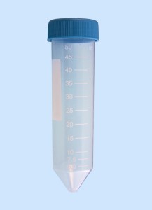 Röhrchen mit Schraubverschluß 50 ml, mit Schriftfeld, blau, konischer Boden, DNase/RNase, DNA, pyrogen frei, steril, Maße 30 x 116